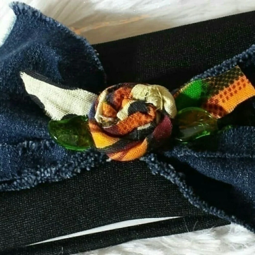 Tasty Raw Edge Denim Kente Rose Bow Headband